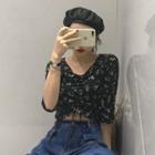 Flower Print Drawstring Elbow-sleeve T-shirt