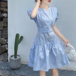 Puff-sleeve Frill Trim A-line Dress Blue - One Size