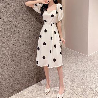 Dotted Square-neck Short-sleeve Midi A-line Dress