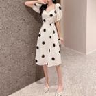 Dotted Square-neck Short-sleeve Midi A-line Dress