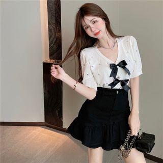 Short-sleeve Bow Cropped Cardigan White - One Size
