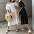 Elbow-sleeve Elastic-waist Midi A-line Dress