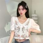 Short-sleeve Embroidered Panel Cropped Blouse White - One Size