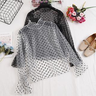 Mock Neck Frilled Dotted Mesh Top