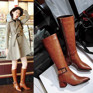 Chunky-heel Buckle Zip-side Long Boots