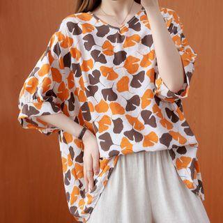 Elbow-sleeve Leaf Print T-shirt Orange Yellow & Dark Brown - One Size