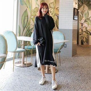 Contrast-trim Lettering Ruffle-hem Midi Pullover Dress