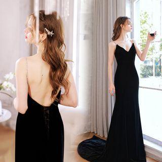 Rhinestone Strap A-line Evening Gown