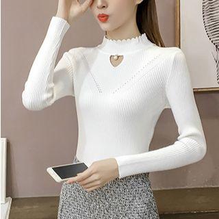 Long-sleeve Beaded Mock-neck Knit Top