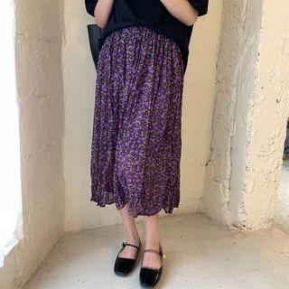Flower Print Midi Chiffon Skirt Purple - One Size