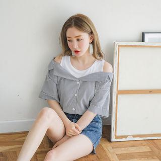 Inset Sleeveless Top Striped Cotton Shirt