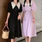 Puff-sleeve Collared A-line Dress