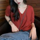 Short-sleeve Knit Top Red - One Size
