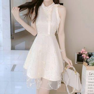 Halter Bow Accent Embroidered Mini A-line Dress