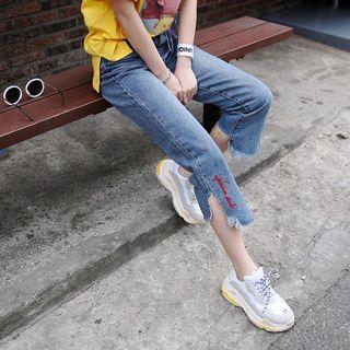 Lettering-embroidered Distressed Straight-cut Jeans