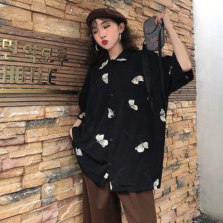 Elbow-sleeve Flower Print Shirt Black - One Size
