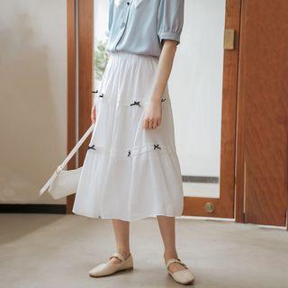 Bow-accent Tiered Midi A-line Skirt White - One Size