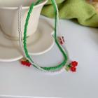 Set: Flower Faux Pearl Necklace + Bead Necklace Set Of 2 - Green & White & Red - One Size