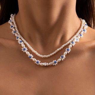 Set Of 2: Beaded Necklace Set Of 2 Pcs - White & Blue & Gold - One Size