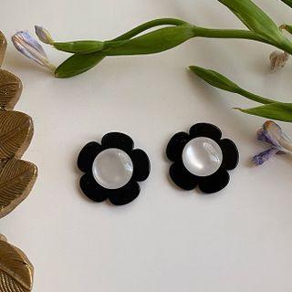 Flower Cat Eye Stone Earring 1 Pair - Silver Needle - Black & Milky White - One Size