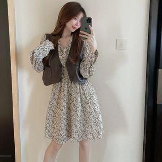 Long-sleeve Floral Mini A-line Dress / Faux Leather Cropped Vest / Set