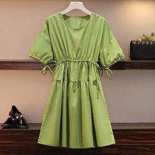 Elbow-sleeve Crinkled A-line Mini Dress