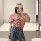 Drawstring-front Floral Print Cropped Top