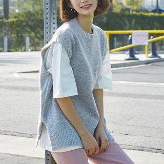 Crew-neck Slit-side Boxy Knit Vest