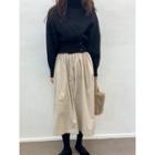 Pocket-side Shirred Long Flare Skirt