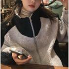 Long-sleeve Color-block Fleece Jacket Gray & Black - One Size