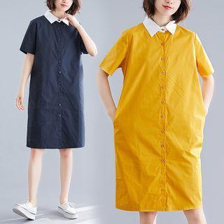 Short-sleeve Contrast Collar Shift Shirtdress