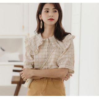 Ruffled Plaid Short-sleeve Chiffon Blouse