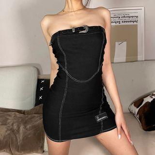 Strapless Contrast Stitching Denim Mini Sheath Dress