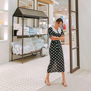 Lace-collar Polka-dot Long Sheath Dress