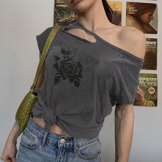Cap Sleeve Cold-shoulder Distressed Lettering & Floral Print T-shirt
