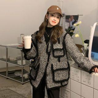 Long Sleeve Contrast Line Houndstooth Tweed Jacket Black & White - One Size