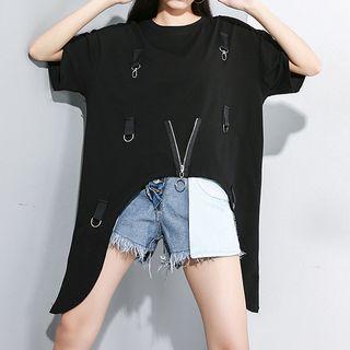 Short-sleeve Zipper Accent Irregular T-shirt