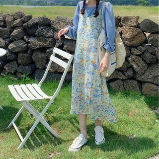 Chiffon Blouse / Floral Print Midi A-line Overall Dress
