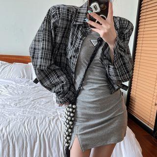 Spaghetti Strap Slit Dress / Long-sleeve Plaid Shirt