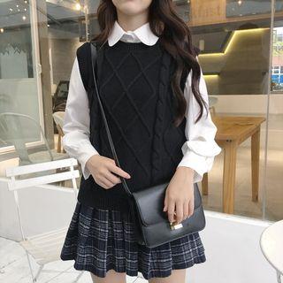 Plain Shirt / Sweater Vest / Plaid Mini A-line Skirt