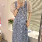 Set: Short-sleeve Lace Top + Sleeveless Floral Midi A-line Dress