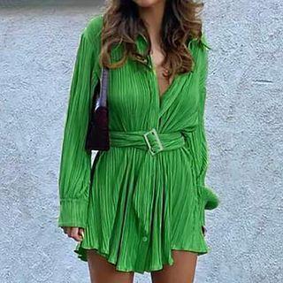 Plain Long-sleeve Tie-waist Ruched Mini Shirtdress