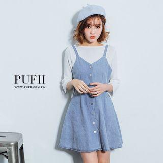 Strappy Button Front Denim A-line Dress