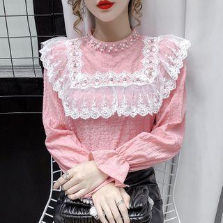 Long-sleeve Embellished Lace Trim Mock-neck Top