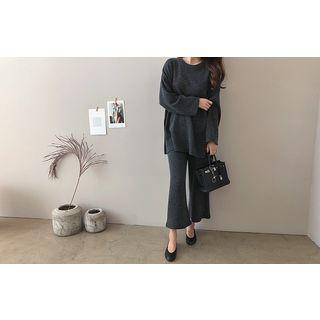 Set: Slit-side A-line Knit Top + Band-waist Wide-leg Pants