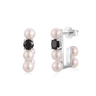Left Right Accessory - 925 Silver White Freshwater Pearl Black Cz Earrings, Women Jewelry