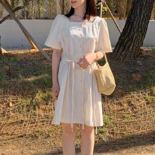 Square-neck Short-sleeve A-line Dress Almond - One Size