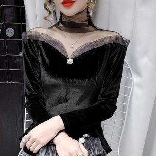 Turtleneck Lace Panel Velvet Blouse