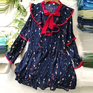 Long-sleeve Printed A-line Chiffon Dress Blue - One Size