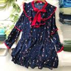 Long-sleeve Printed A-line Chiffon Dress Blue - One Size